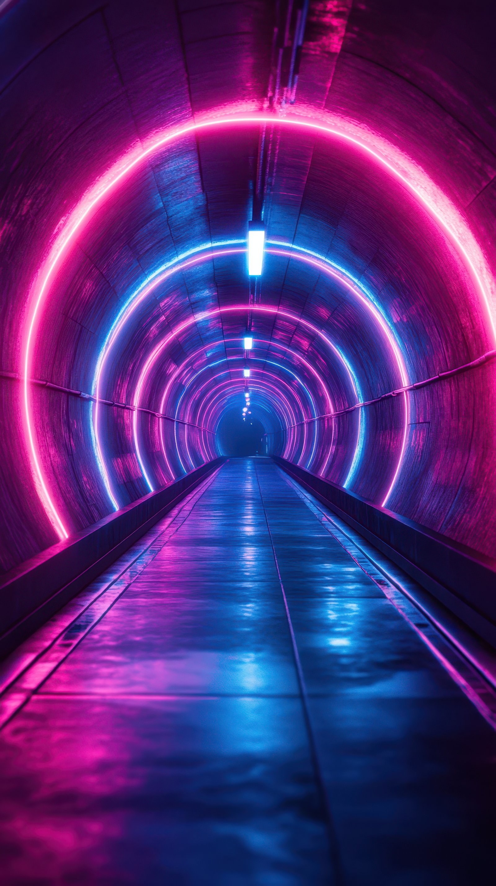 Futuristic neon tunnel illuminated by pink and blue lights in a modern urban setting during nighttime